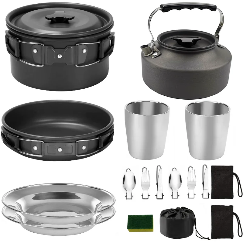 

Camping Cooker Set Cookware Kit Outdoor Pot Pan Stove Kettle Cups Tableware Tourist Dishes Nature Hike Equipment
