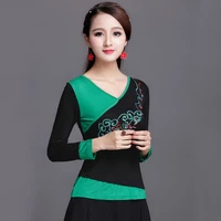 cheongsam women plus size short tops 2022 spring cotton blend embroidery v neck color splicing chinese style skinny shirts woman