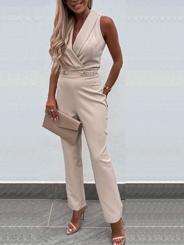 

Fashion Backless Solid Straight Jumpsuit Women V-Neck Sleeveless Slim Street Playsuit Ladies Chic Pleated Hollow Pocket Rompers