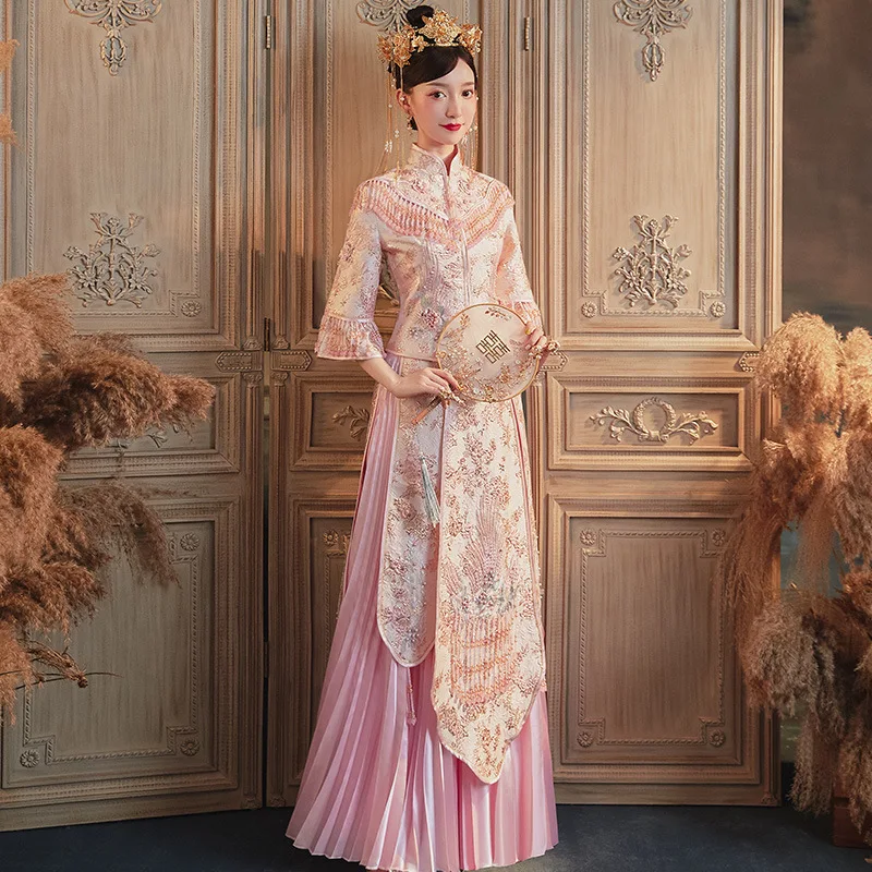 

Китайский традиционный стильный Чонсам с розовой вышивкой, свадебное платье, женское банкетное платье в винтажном стиле