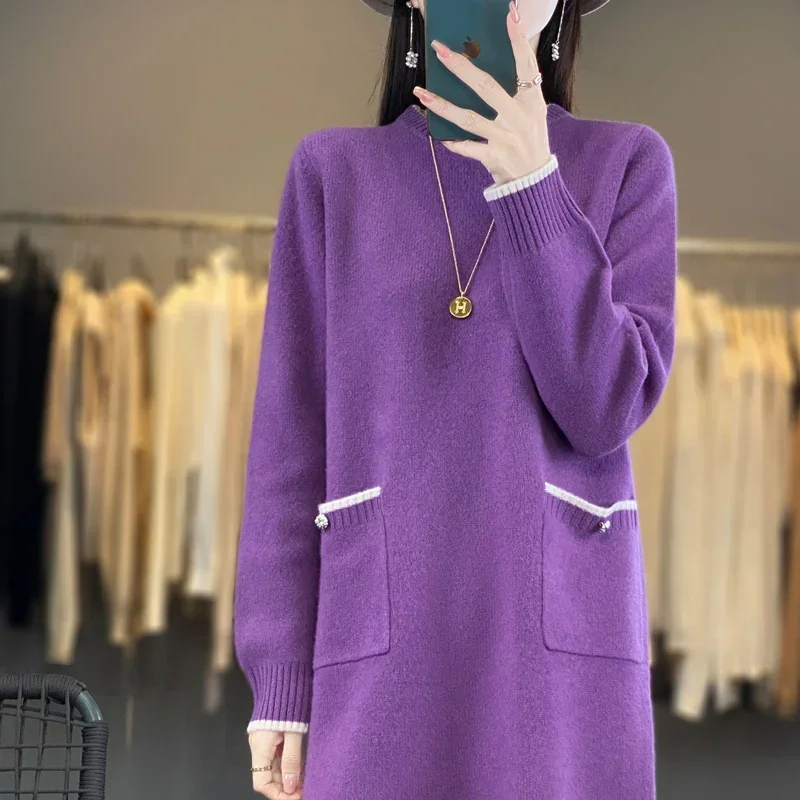 Вязаное платье-свитер для женщин 100% чистая шерсть круглый вырез карман на поясе