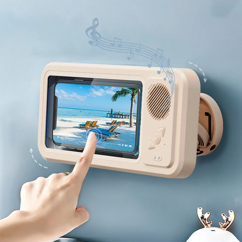 

Bathroom Waterproof Phone Holder with Bluetooth Speaker Anti-Fog Touch Screen Wall Mount Rotatable Bracket for Shower Kitchen