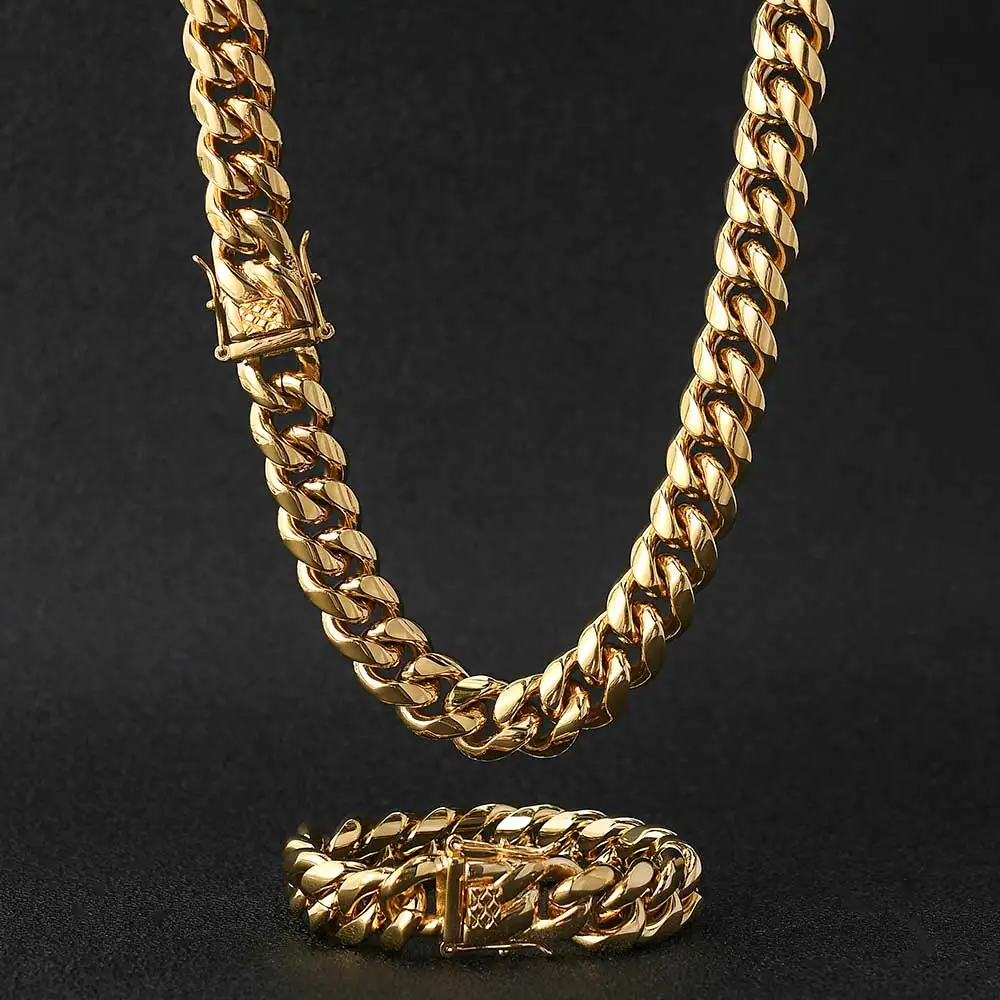 

Mens Heavy Miami Cuban Link Chain Choker 14k Gold Plated Hip Hop Thick Stainless Steel 14mm Necklace