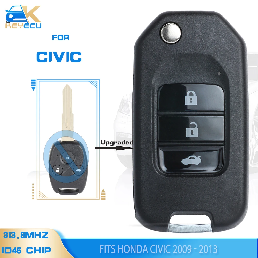 

KEYECU 313.8MHz ID46 Chip Upgraded Flip Remote Car Key Fob 3 Button for HONDA Civic 2009 2010 2011 2012 2013