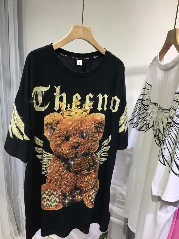 

Футболка женская средней длины, свободная рубашка с буровым медведем с крылышками, топ оверсайз с коротким рукавом, уличная одежда, лето