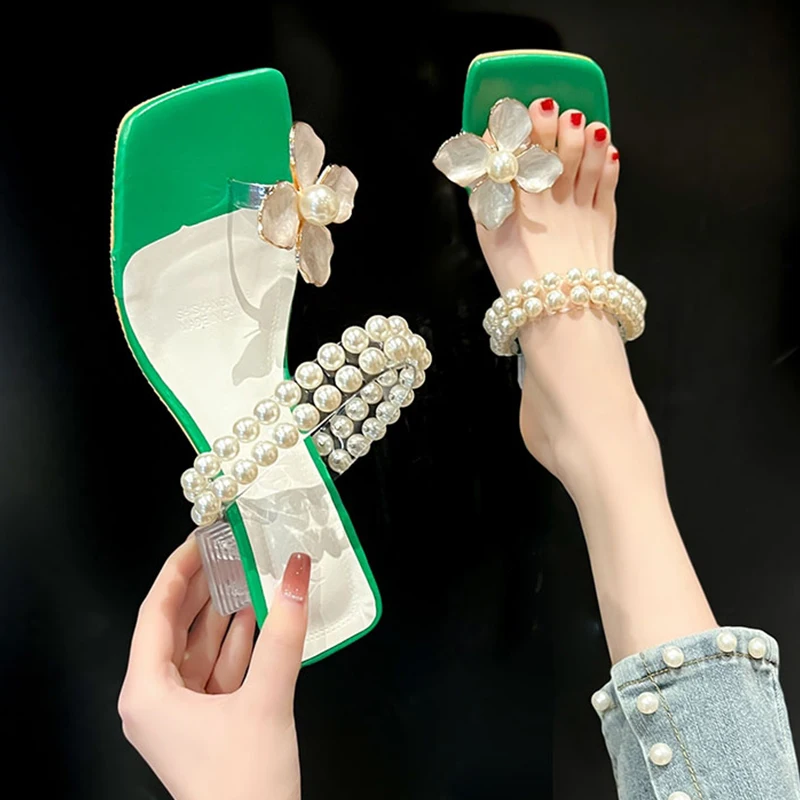 

Slippers Women Luxury High Heels Sandals 2022 New Fashion Flower Pearl Women Shoes Summer Thick Party Pumps Slides Flip Flops