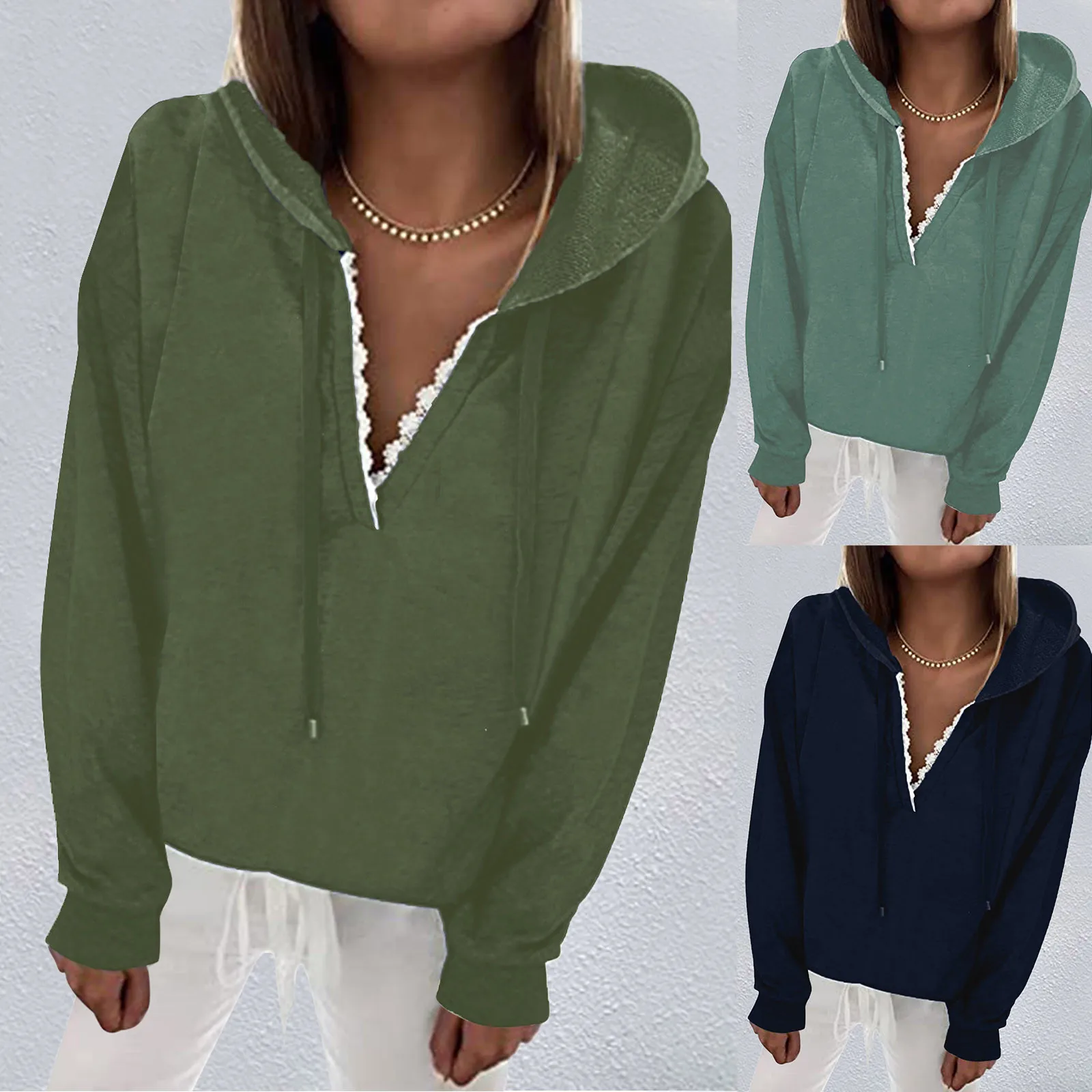 

Hoodies Cotton Women Women Hoodies Tops Casual Drawstring Lace V Neck Solid Color Pullover Sweatshirt Sweater