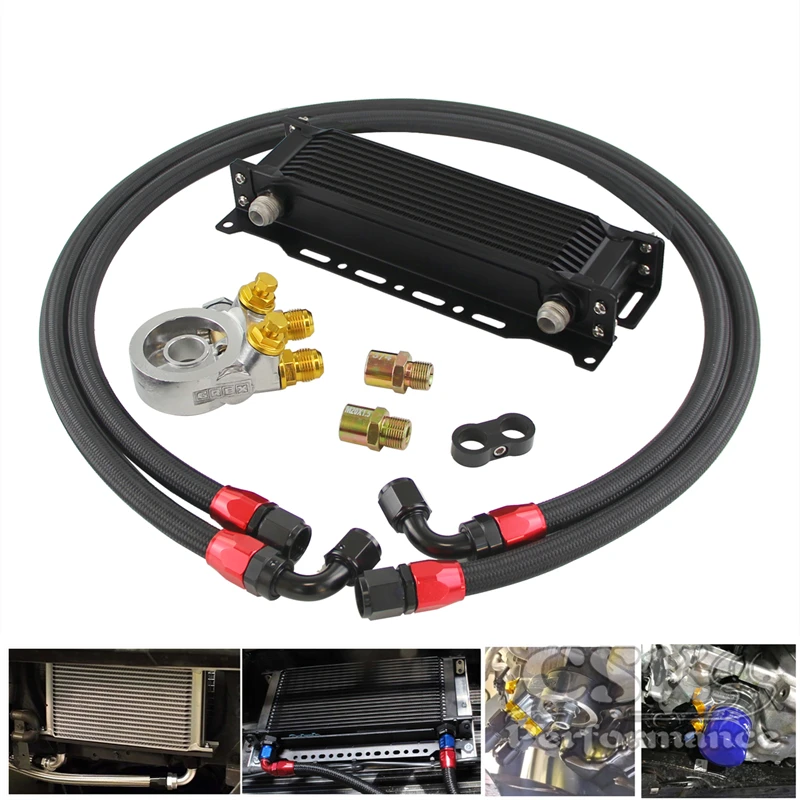 10 Row Engine Oil Cooler w/ Thermostat 80 Deg Filter Adapter Kit Silver / Black |