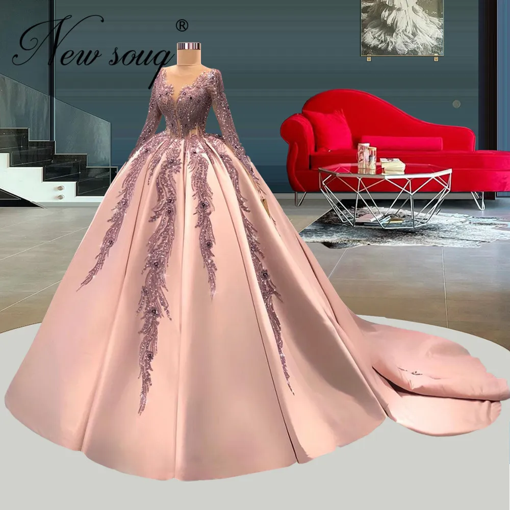 

Muslim Long Sleeves Evening Dresses Lace Appliques Beading Prom Gowns Puffy Red Carpet Dress 2022 Vestidos Arabic Party Dresses