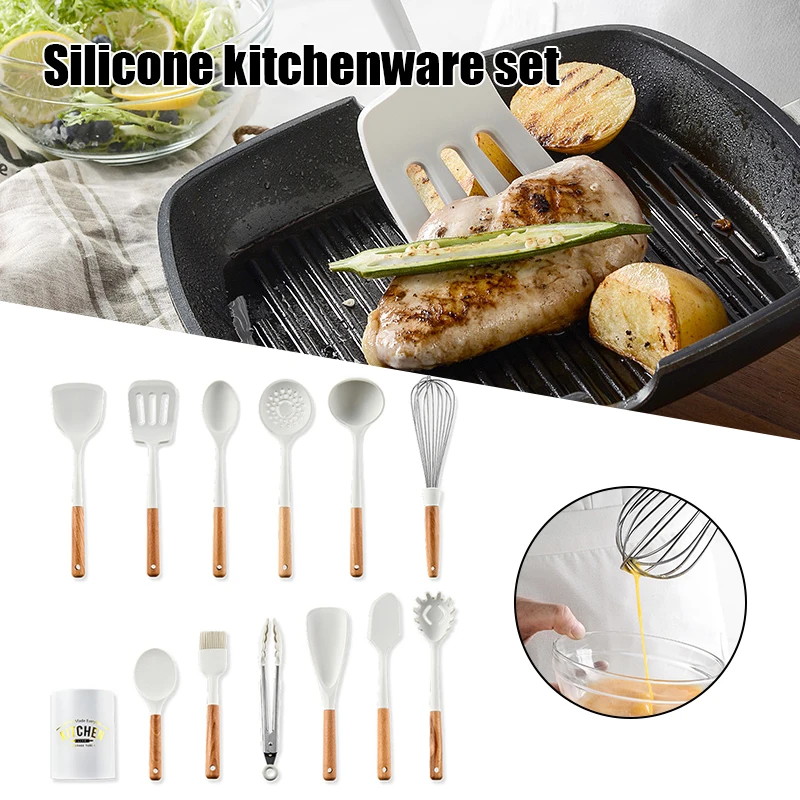 

Kitchen Cooking Utensils Set For Cooking Baking Non-Stick Silicone Spatula Set With Holder And Wooden Handle Kitchen Use