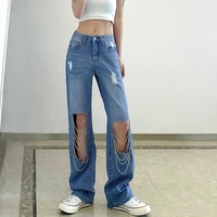 cyber y2k vintage hollow hole chain straight jeans women high waist loose denim long pants summer casual streetwear 90s trousers