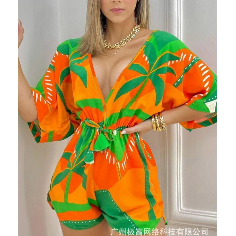 

Women Playsuits Rompers Spring Summer Tropical Print Drawstring Deep V-Neck Romper High Waist Floral Flower Shorts Pants