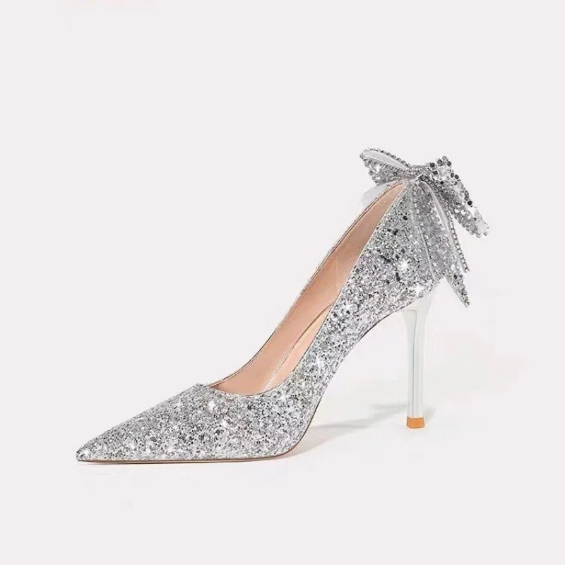 

French Wedding Shoes Woman Silver High-heeled Shoes Sequin Dress Pumps Elegant Spring Rhinestone Bow Sweet Crystal Women's Shoes