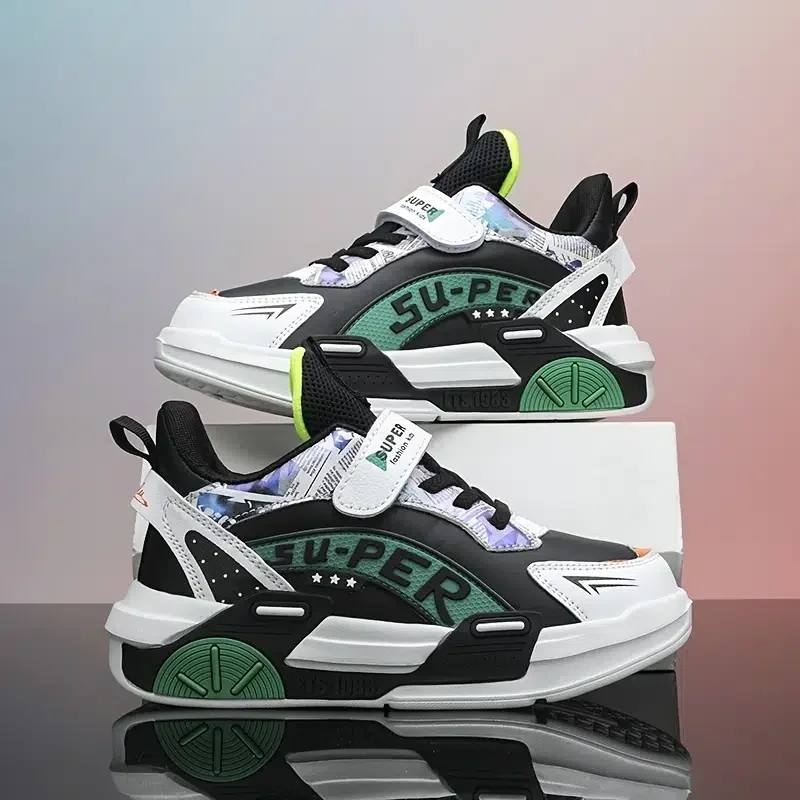 Boys Durable Basketball Shoes Hook And Loop Chic Design With Cartoon Graphics Outdoor Sports Equipment