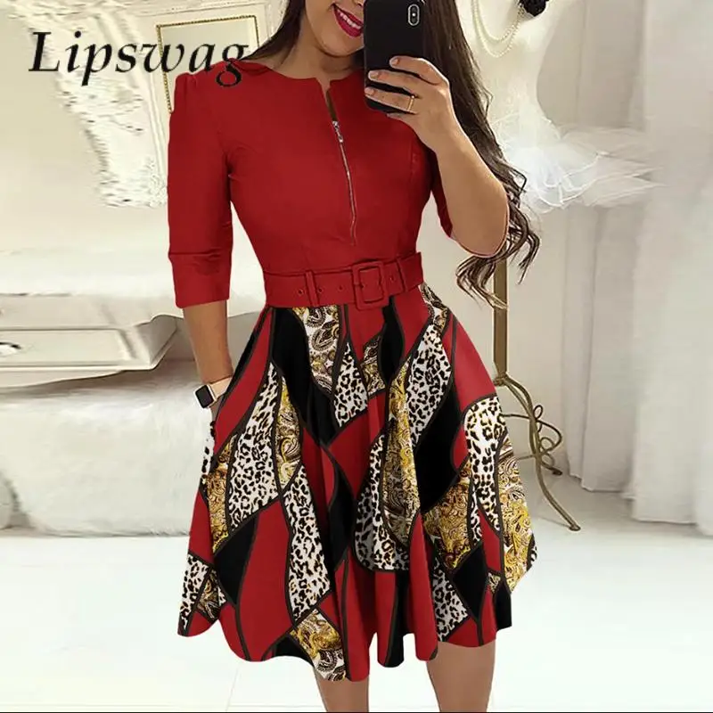 

Fashion Retro Leopard Print Commuting Dress Eelgant O-Neck Half Sleeve Party Dress Autumn Casual Women Pleat Belted A-Line Dress