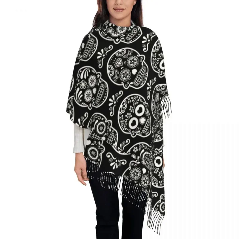 

Women'S With Tassel Mexican Sugar Skull Long Soft Warm Shawl And Wrap Halloween Day Of The Dead Daily Wear Cashmere Scarf