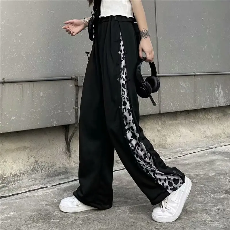 Leopard Print Denim Pants Mens Streetwear Contrast Paneled Baggy Jeans High Street Multi-Pocket Color Block Straight-leg Pants