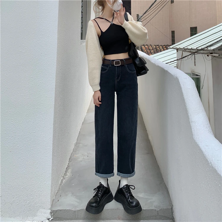 

N0137 High waist jeans women's new all-match thin curly loose dark wide-leg long pants jeans