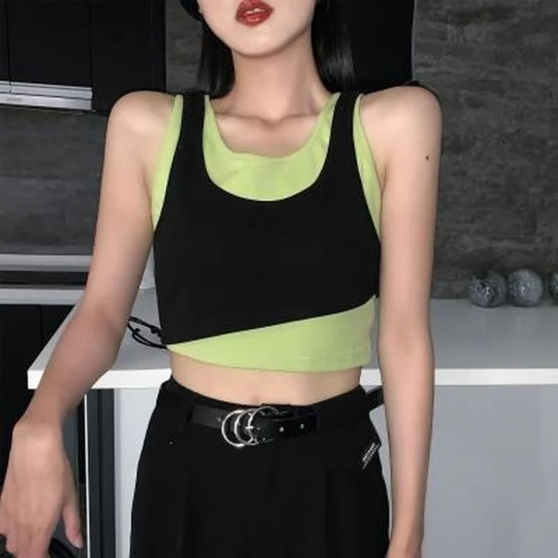 

Women Fake Two Pieces Tanks Summer Teenagers New Ulzzang Patchwork All-match Running Popular Simple Casual Feminino 2021 Design