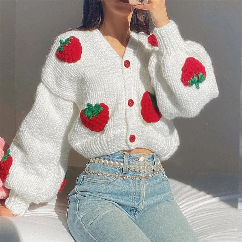 

Women Elegant Cute Print Strawberry Kintted Long Sleeve Loose Single Breasted Sweater Autumn Thicken Warm Cardigan Streetwear