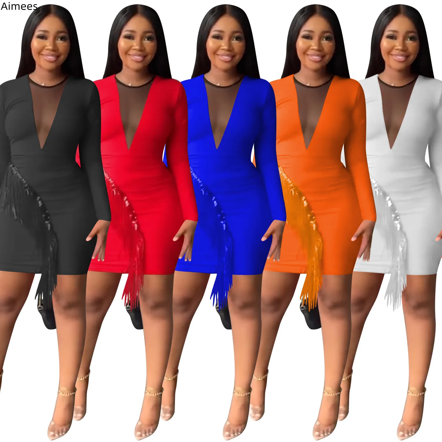 

Осеннее женское короткое платье с длинными рукавами и кисточками для ночного клуба, вечерние прозрачные сетчатые Лоскутные Однотонные эла...