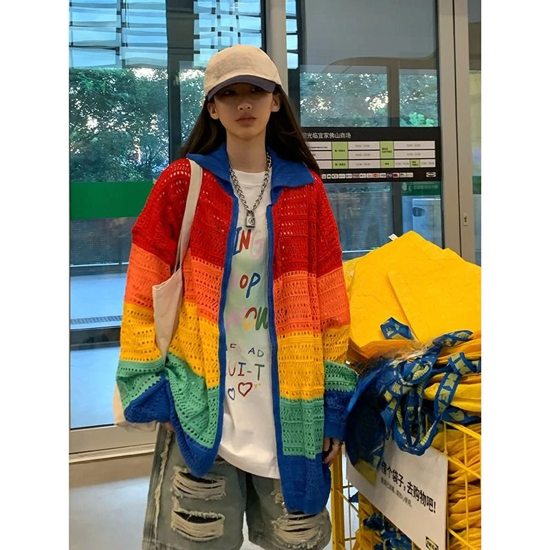 

Contrast Rainbow Zipper Up Knitwear Sweater Top Long Sleeve Summer Fall Women Knitted Knit Plus Size harajuku fashion y2k hiphop