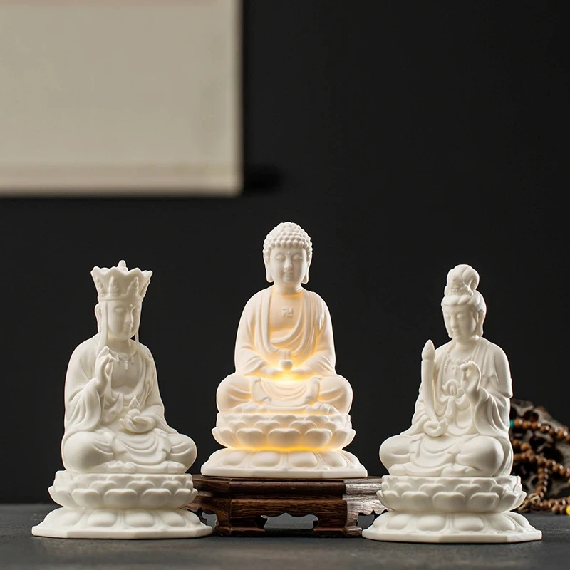 CeramicAvalokitesvara, Shakyamuni, Ksitigarbha Statue white porcelain material Built-in LED light Home Decoration Buddha Statue