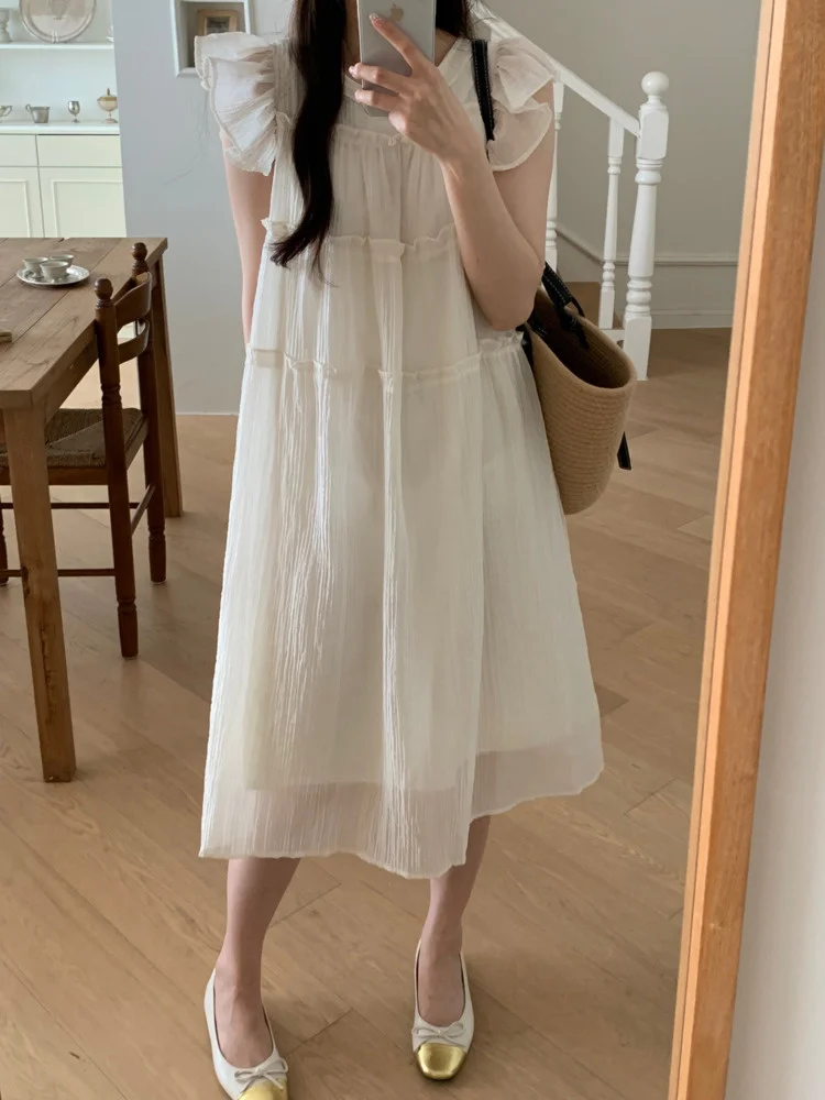 

Korea Chic Women Pleated Layering Flying Sleeve Dress Edible Tree Fungus O-neck Vestido Female 2023 Summer New Trend Y700