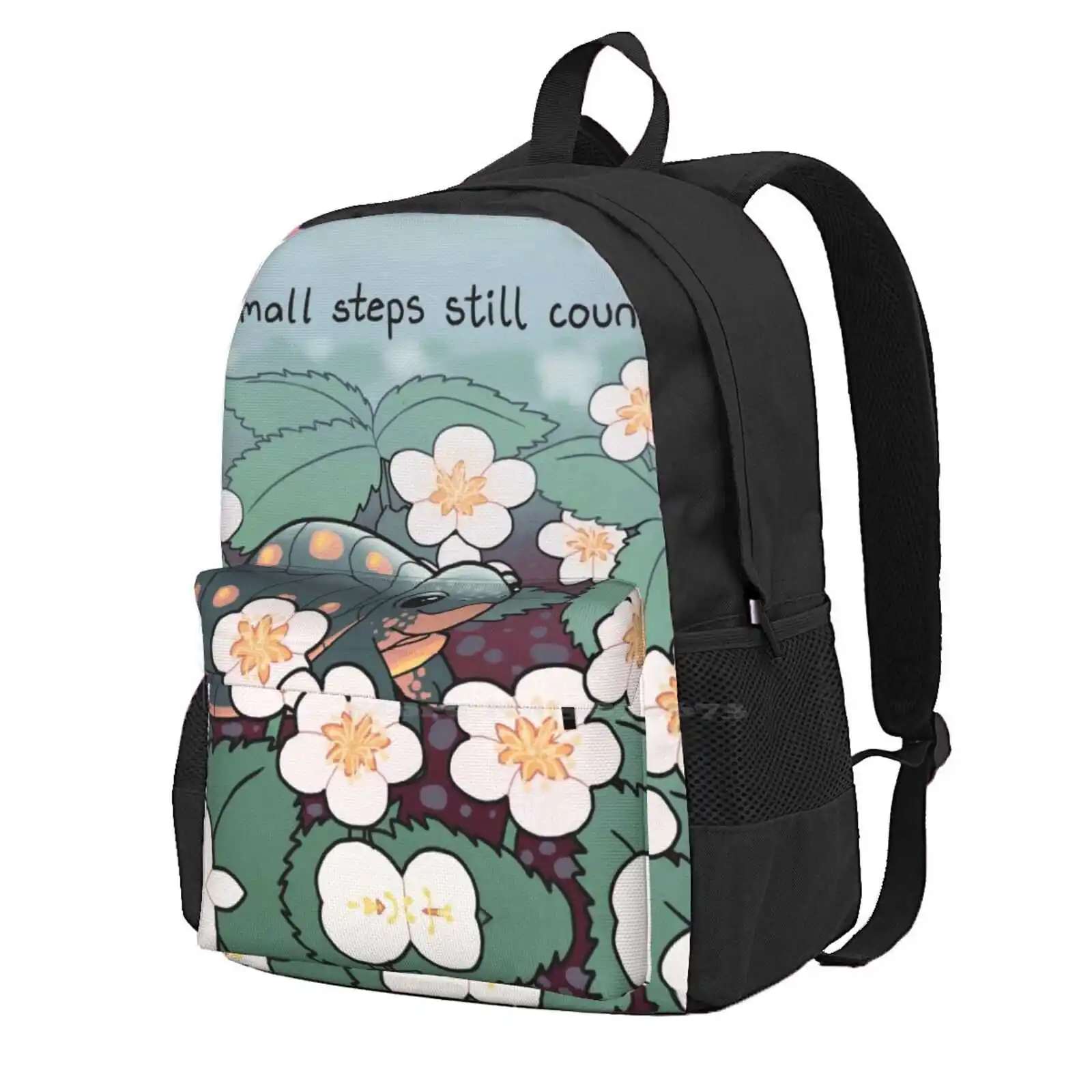 

" Small Steps Still Count " Baby Turtle In Strawberry Flowers New Arrivals Unisex Bags Student Bag Backpack Mental Health Self