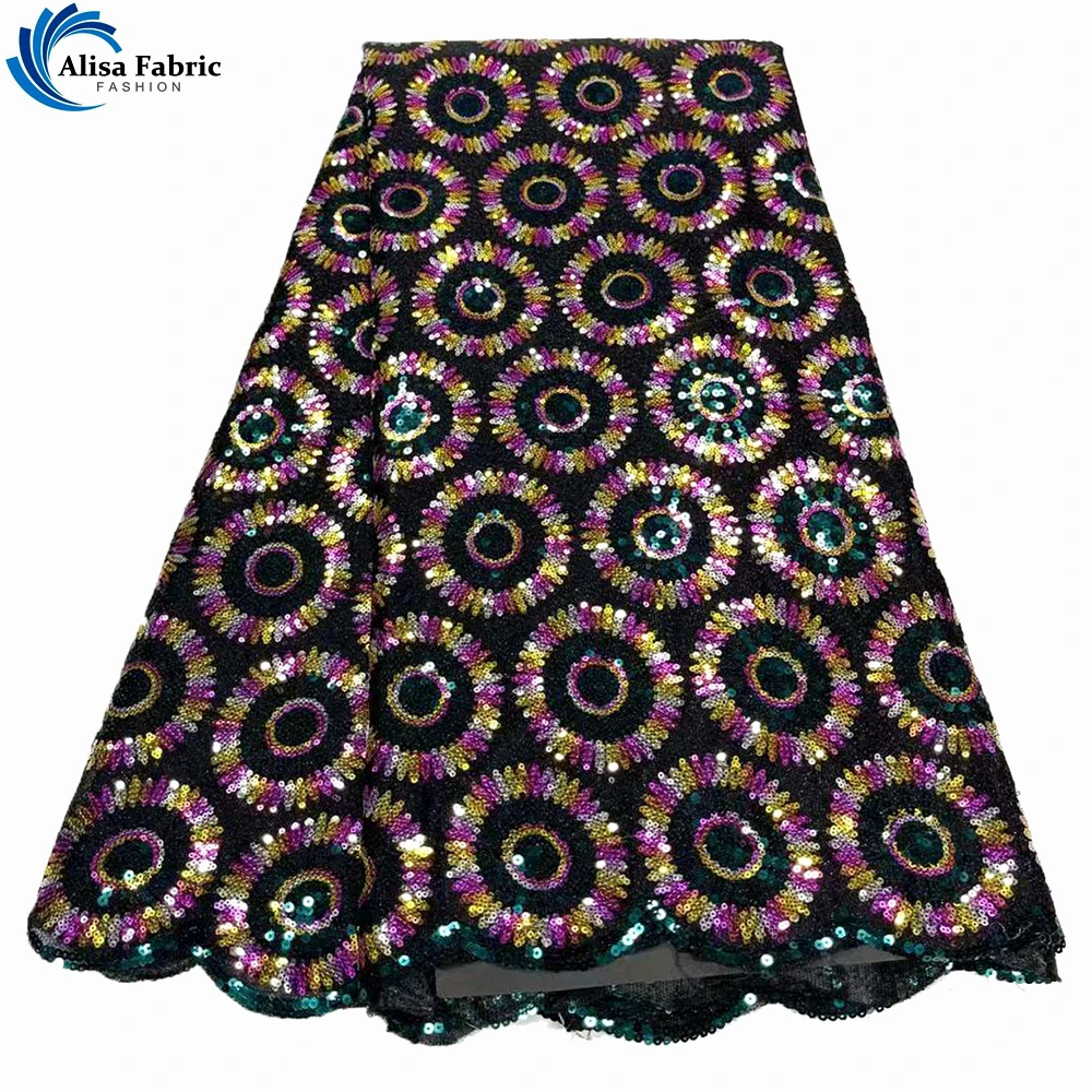 

Nigerian Material Velvet Lace Fabric With Sequins 5Yards Black Net Lace Fabric For Sewing Wedding Party High Quality Velvet Lace