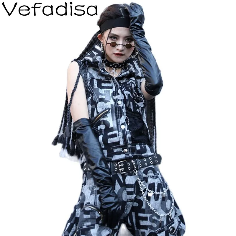 

Vefadisa Street Style Fashion Fried Street Camouflage Color Denim Vest 2022spring New Loose Lapel Mesh Stitching Vest Top TT1202
