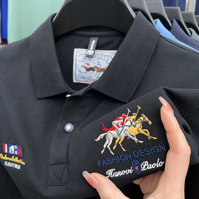 

Роскошная мужская рубашка-поло высокого класса, летняя новая футболка с вышивкой и отложным воротником для мужчин, корейская модная трендовая повседневная мужская одежда с коротким рукавом