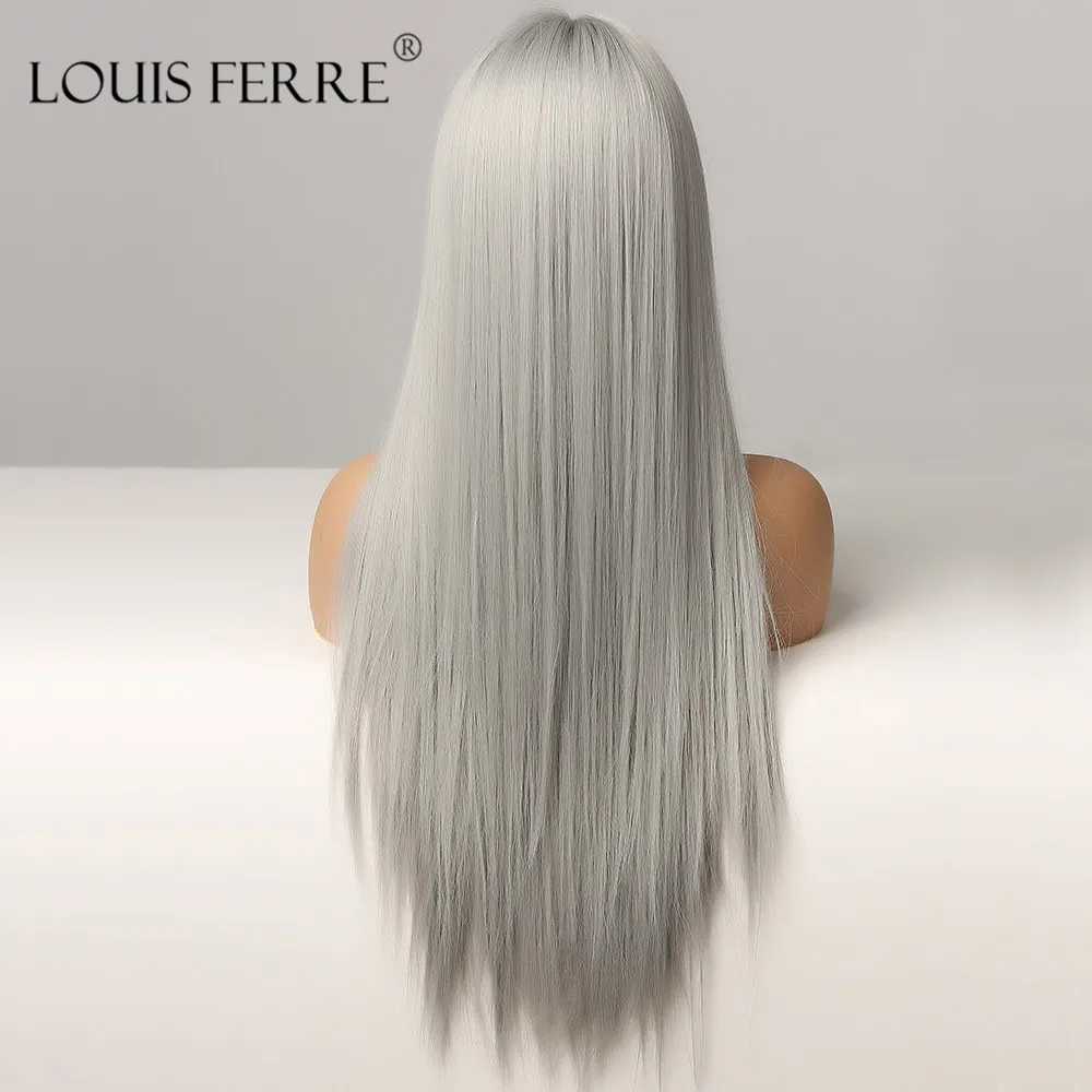 Парик LOUIS FERRE из чистого серого цвета с челкой Длинные шелковистые прямые
