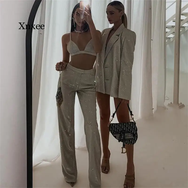 

Модная новая кофта облегающие прямые брюки с высокой талией уличный блестящий пиджак костюм для ночного клуба комплект брюк с высокой талией для вечерние НКИ выпускного вечера