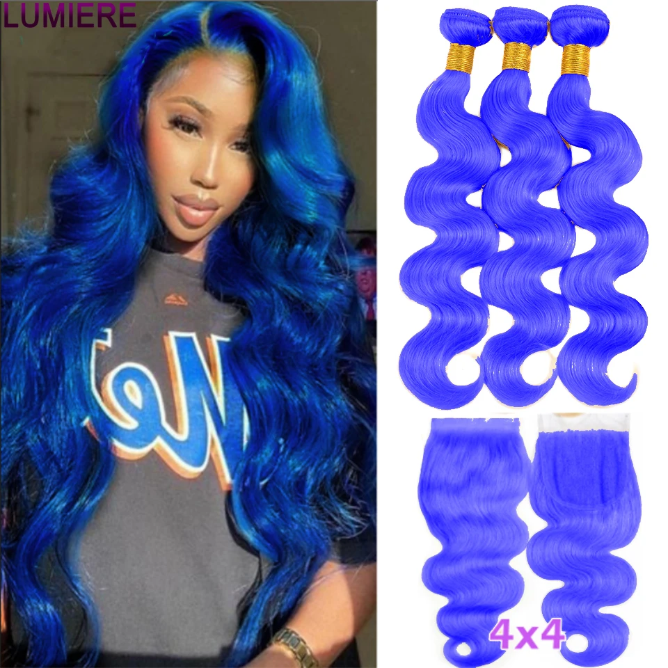 

Lumiere 10"-28" 100% Remy Blue Color Body Wave Human Hair Bundles With 4X4 Lace Closure And 13X4 Lace Frontal For Black Women