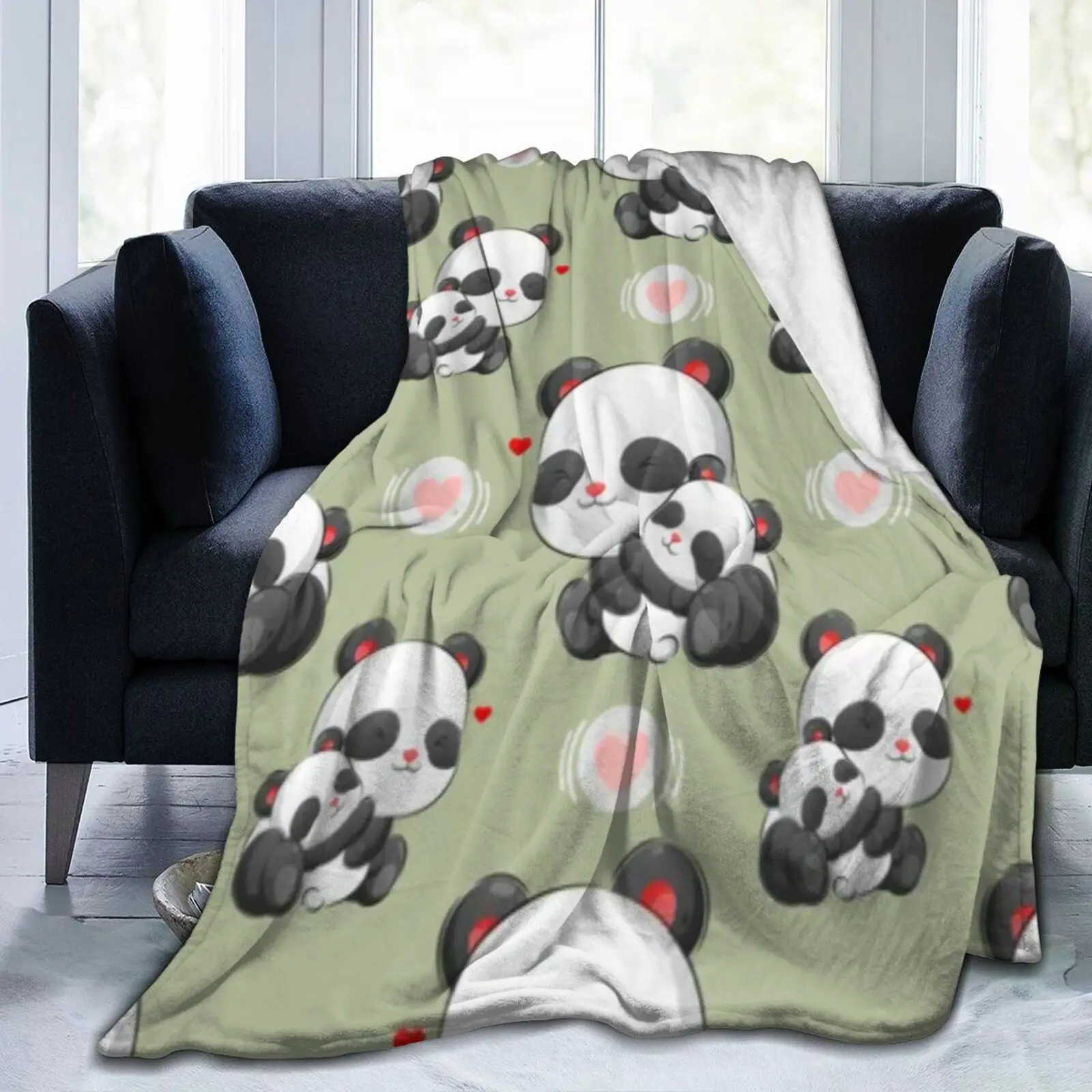 

Flannel Blanket Comfortable Soft Warm Fleece Pillow Up Sofa Bed Cover A Group of Green Panda Moms and Kids Gifts for Parents