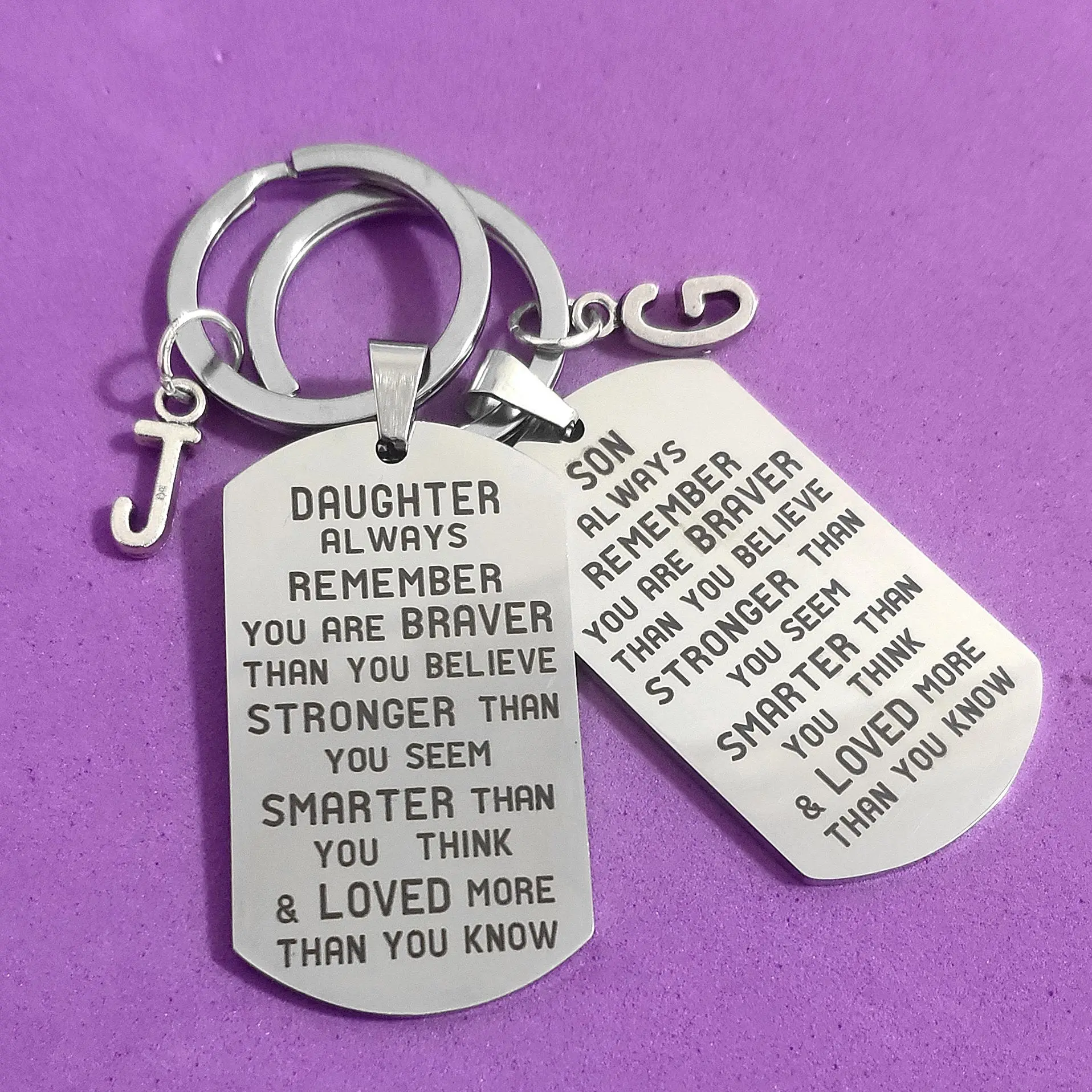 

Lanyard for Keys Holder Stainless Steel SON DAUGHTER Creative Keyring 26 Letters DIY Kid Gifts Birthday Military Tags Graduation