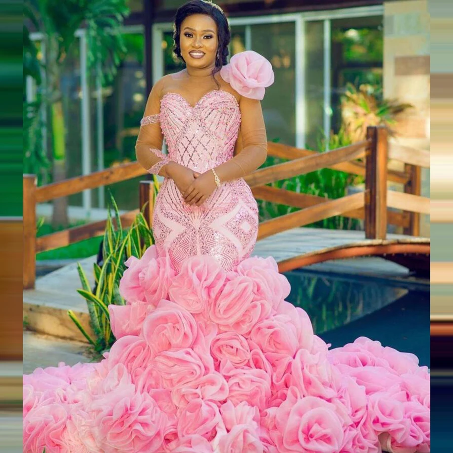 

Stunning Evening Dresses Pink Mermaid Long Sleeve vestido de fiesta Crystals Evening Dress Ruffles Beading Organza Draped