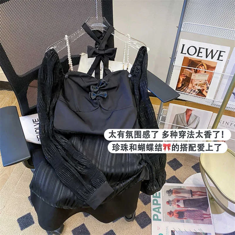 

2022 New Women's Summer And Autumn Bows Niche High-end Stripe Sling Dress Off-the-shoulder A-line Detachable Long-sleeved Dress