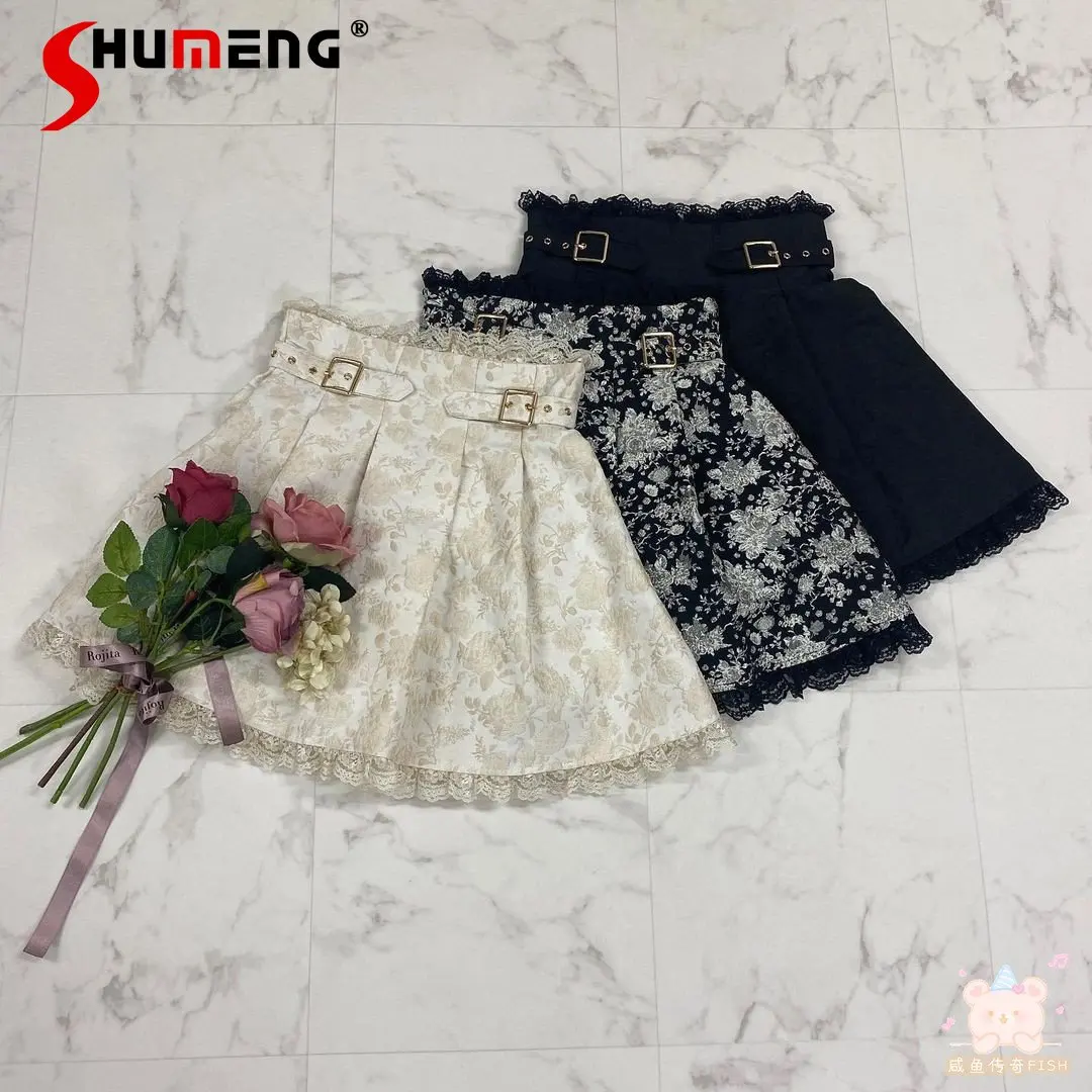 

Новинка весна-осень 2023 оригинальные темно-синие кружевные юбки Rojita с цветочным узором для женщин Милая Короткая юбка в японском стиле для ж...