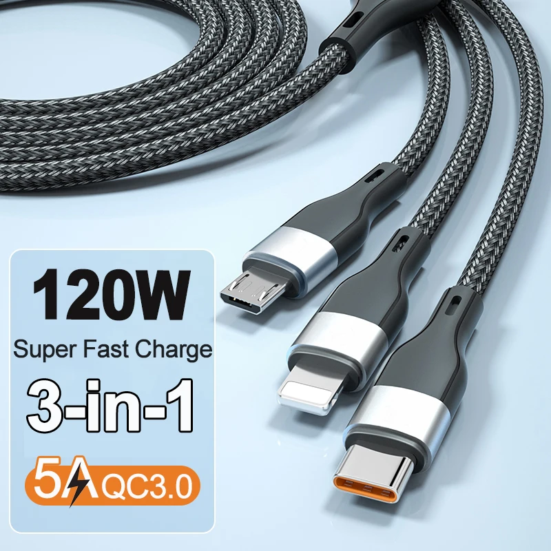 

5A 120W 3in1 Fast Charging USB To Type C Cable For IPhone Xiaommi Huawei Samsung Micro Support QC3.0 Data Line Phone Accessories