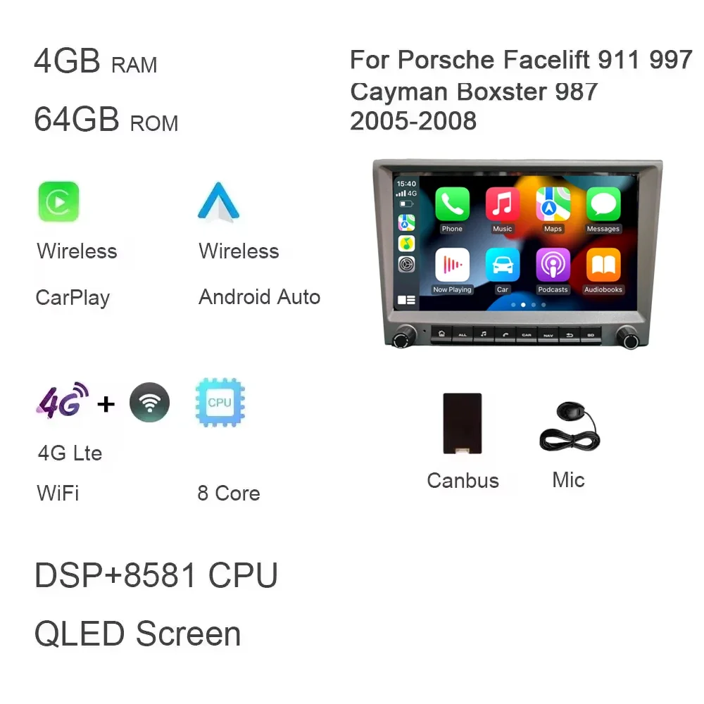 

Серый 720P CarPlay 8 "Android 14.0 Автомобильный DVD-плеер 8 ядер 4 ГБ DSP мультимедийный GPS авторадио для Porsche 911 997 987 Cayman Boxster