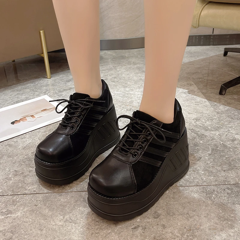 

Wedge Heel Super Waterproof Platform Fashion Ankle Boots Flock Stitching PU Lace To Increase Breathable Women's Shoes