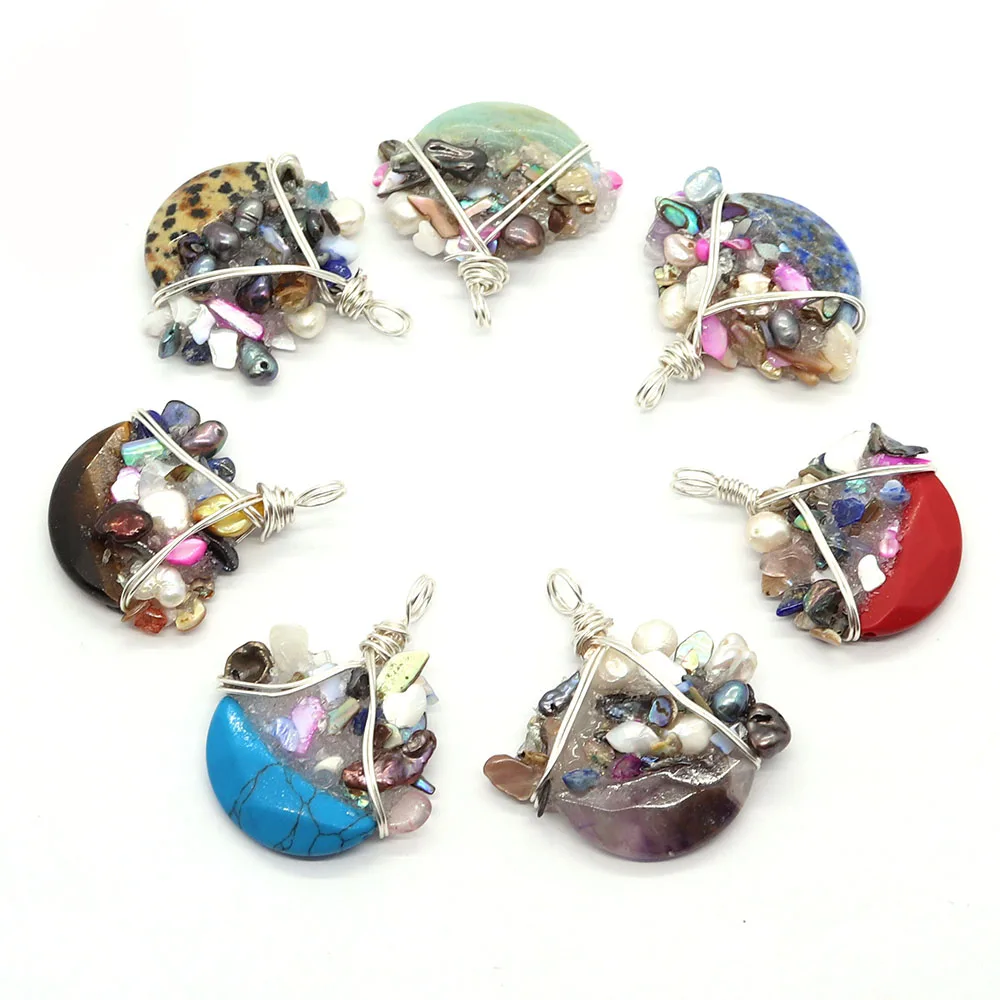 

Natural Stone Green Aventurine Amethyst Tiger Eye Opal Moon Shape Crushed Pearl Pendant for Elegant Ladies DIY Handmade Necklace