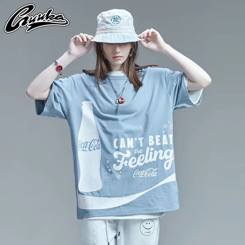 

Coca-Cola Fog Blue Cotton Short-sleeved Summer Fashion Trend T-shirt Back Printed Five-point Sleeves Loose