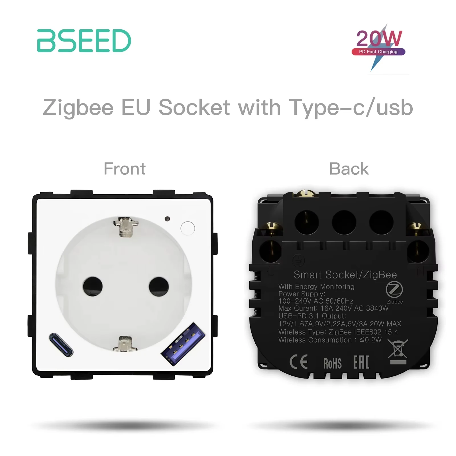 

Умная розетка BSEED Zigbee с USB Type-C 20Вт