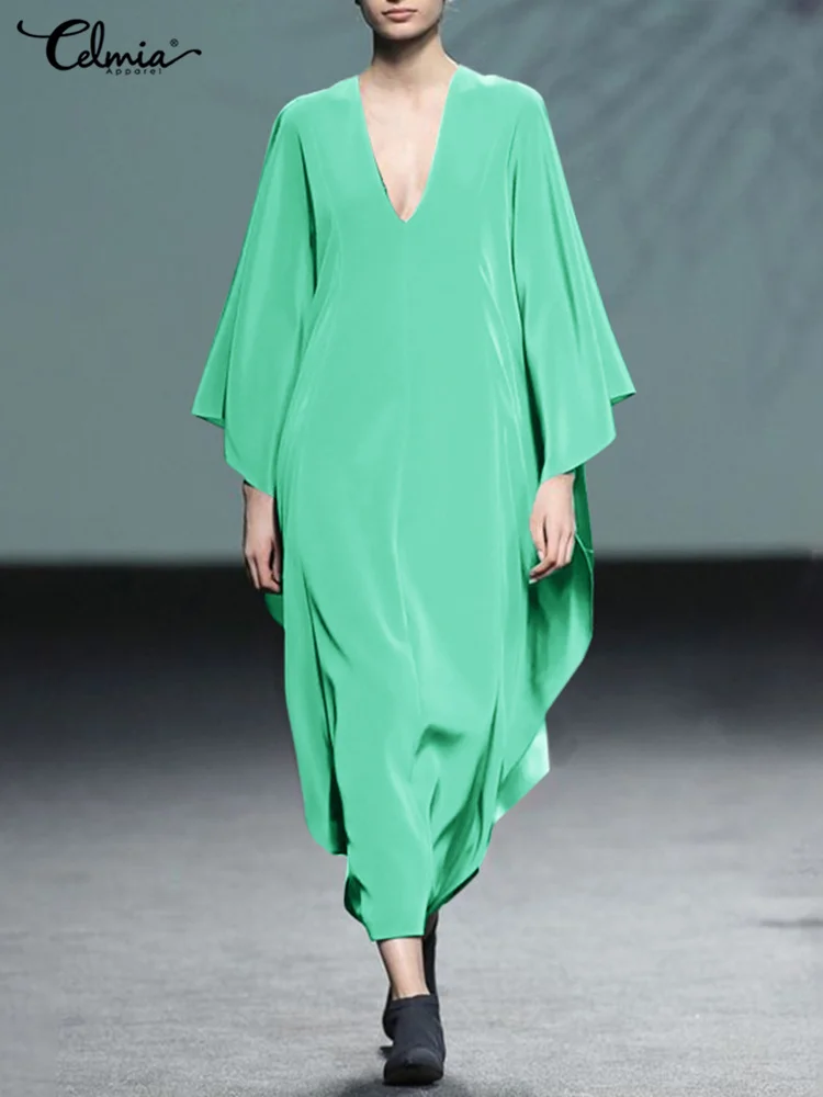 

Elegant 2022 Women Pullover Midi Vestidos Celmia Fashion Deep V-neck Silky Satin Dress Stylish Bat Sleeve Runway Long Robe Mujer