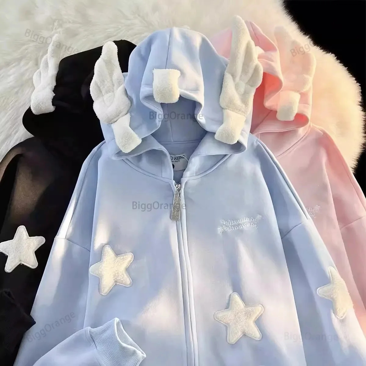 

Толстовка женская оверсайз в стиле японского аниме, свитшот с капюшоном, капюшон с принтом подкультуры, звезда, крылья ангела, Свободный кардиган, пальто на осень