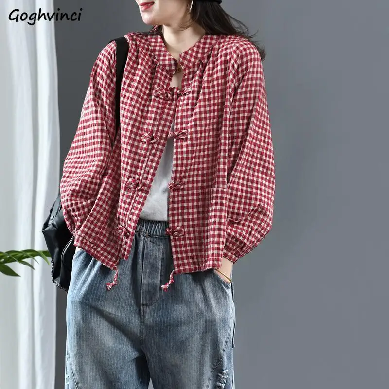 

Рубашка женская в клетку с карманами, универсальная уличная одежда в стиле Харадзюку, в китайском стиле, повседневная простая базовая модел...