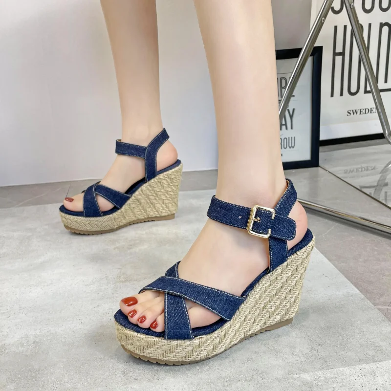 

Ladies Shoes 2023 New Buckle Strap Women's Sandals Summer Dress Sandals Women Solid Peep Toe Wedges Shoes Female Zapatos Mujer